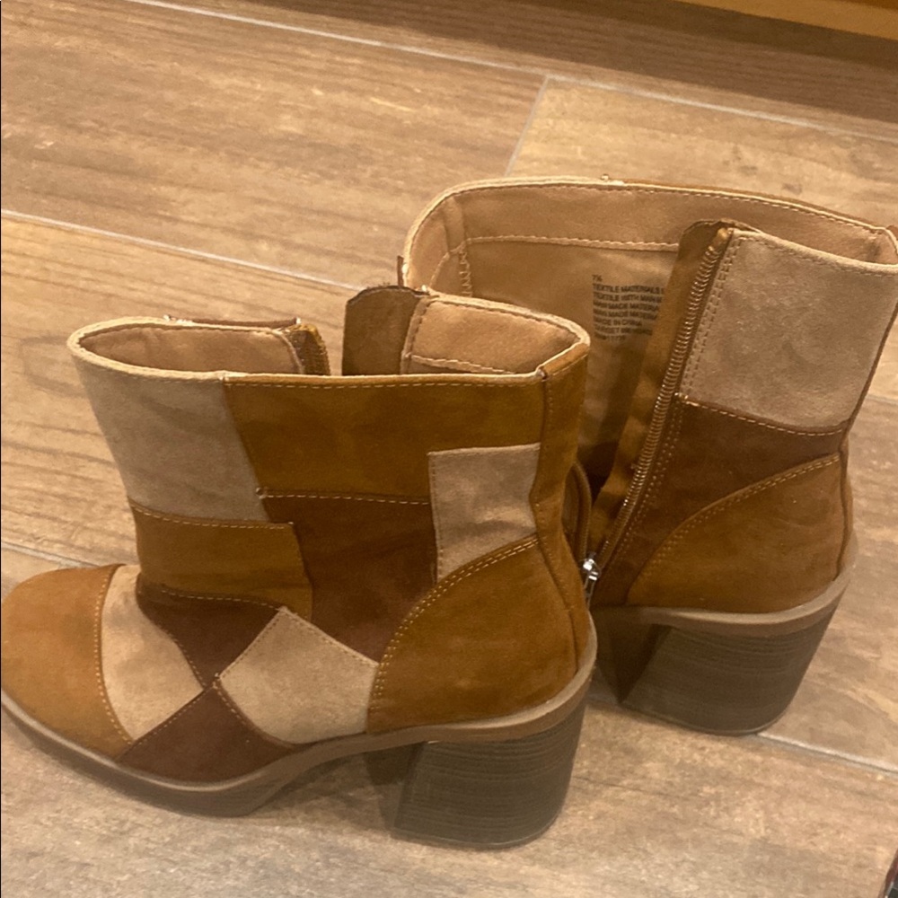 Brown and Tan Ankle Boots with Stacked Heel